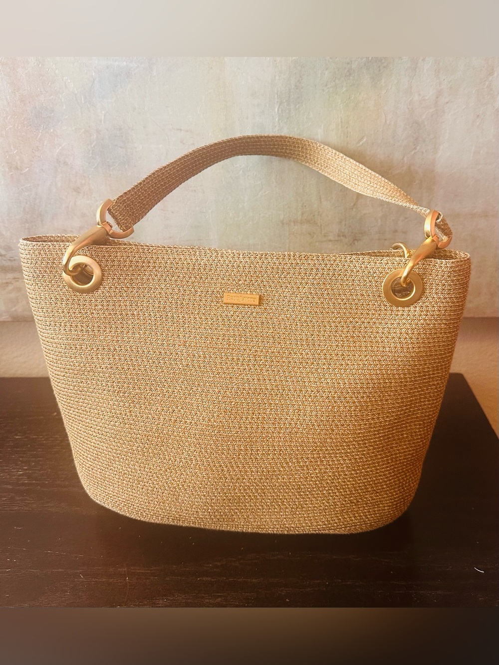 Woven Tote Bag in Tan with Gold Accents